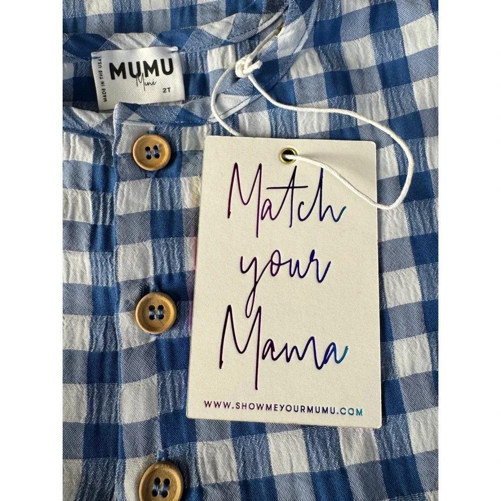 Mumu Mini Tate‎ Shirt Boys 2T Blue White Gingham Henley Short Sleeve